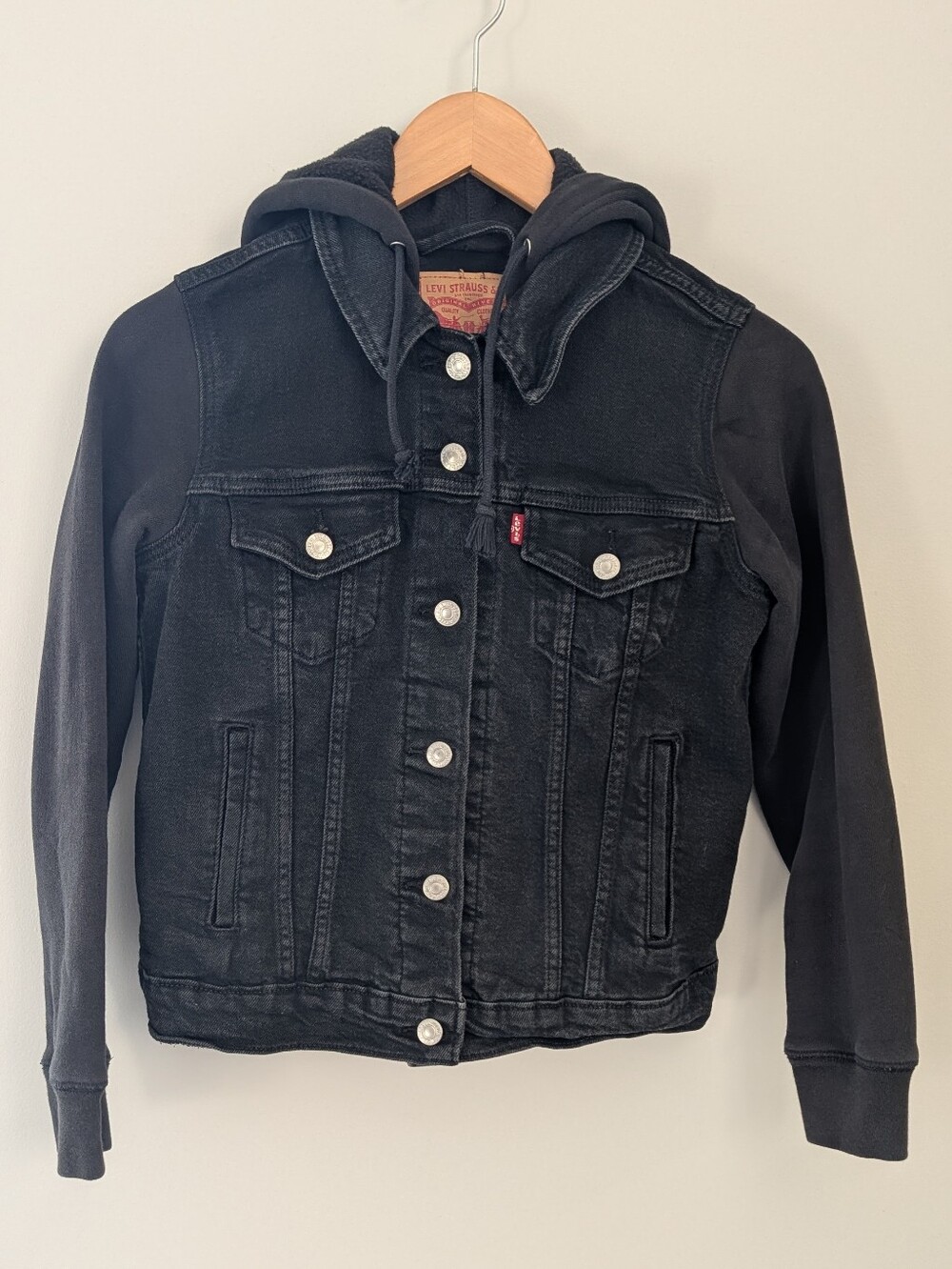Levi's Black Denim Hooded Trucker Jacket S Sweatshirt Sleeves Fleece Hood